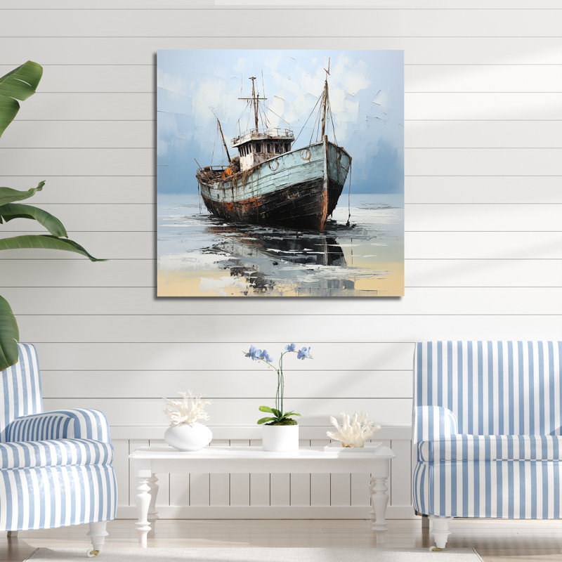 Bateau de pêche bleu et blanc sur toile, H 36 po x l 36 po x P 1,5 po, Toile tendue