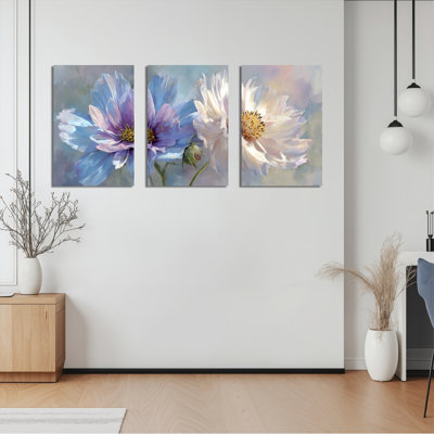 «Blue and White Floral», reproduction d'art sur toile tendue sur toile, ensemble de 3 pièces pour le salon, la chambre et la décoration intérieure