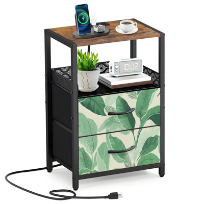 2 Fabric Drawers Night Stand with Charging Station Tropical Green Banana Leaf Light Bedroom Bedside Table End Table with Open Shelf USB Ports and Outlets