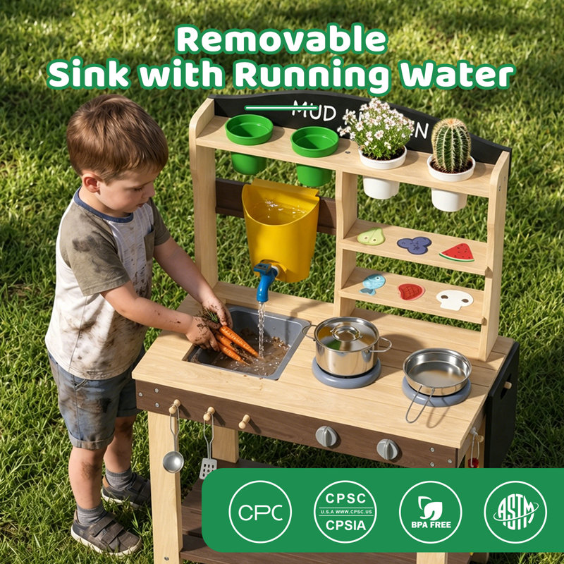 Kids Wooden Mud Kitchen Outdoor, Play Kitchen With Water Tank, Sink & Faucet, Toy Cookware Set, Plant Pots & Food Molds, Backyard Sensory Playset For Toddlers & Kids