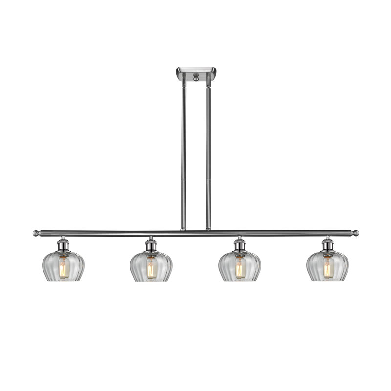 Luminaire suspendu pour îlot de cuisine 4 lumières Calton, Nickel satiné brossé, Transparent