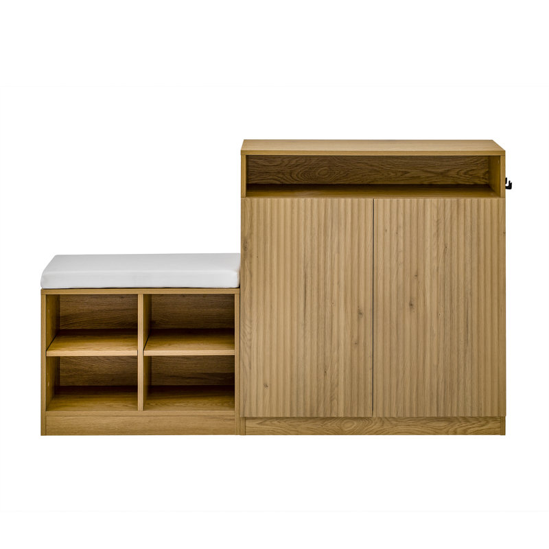 Wavelle Modern Living Room Cabinet with Shoe Bench and Adjustable Shelves, Natural
