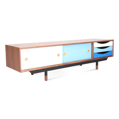 Blue - Hued Retro 1955 Tv Cabinet, Natural Walnut Veneer On , Black Stainless Steel Legs, Solid Wood Feet, Lacquered Drawers For Main Living Style Cabinet With Over Space