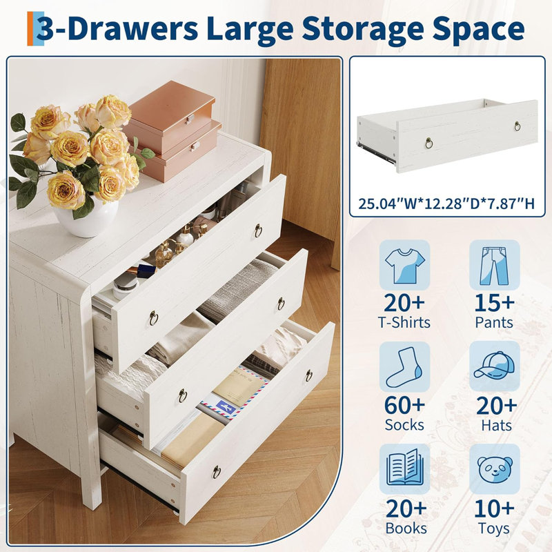 76.2 cm W Chest of 3 Drawers, White
