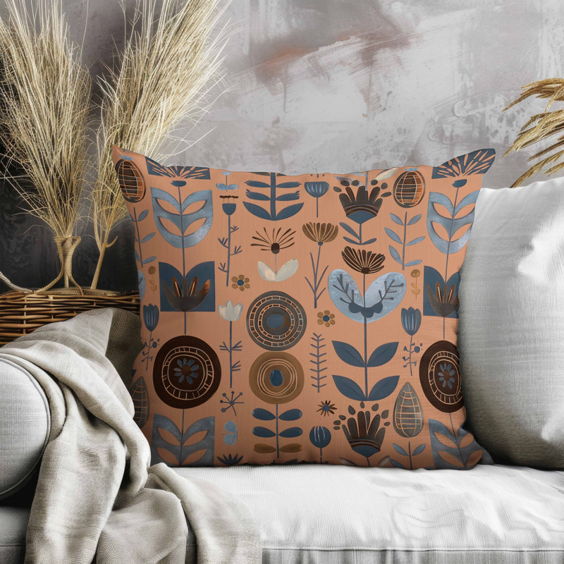 Coussin en suède Baltic Blossoms, Bleu / brun / orange, Carré 18 po