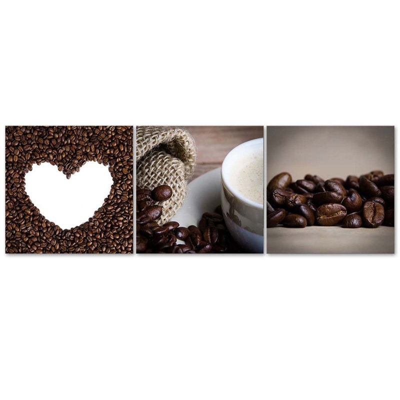 Coffee Bean Heart - 3 Piece No Frame Panoramic Set on Canvas