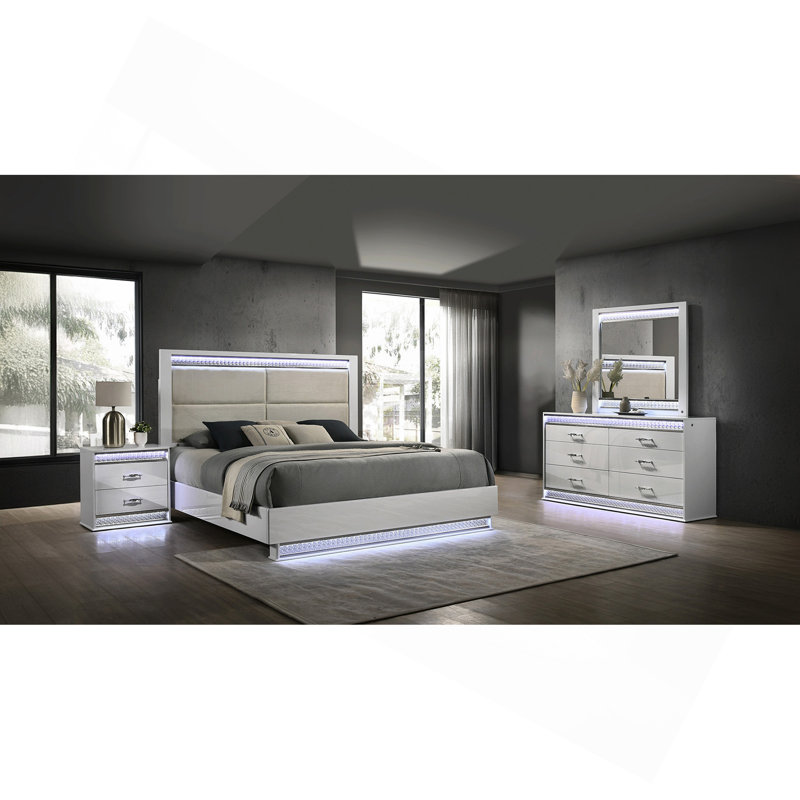 Table de chevet 2 tiroirs Glam Modern avec détails en cristal, éclairage DEL et finition laquée blanche