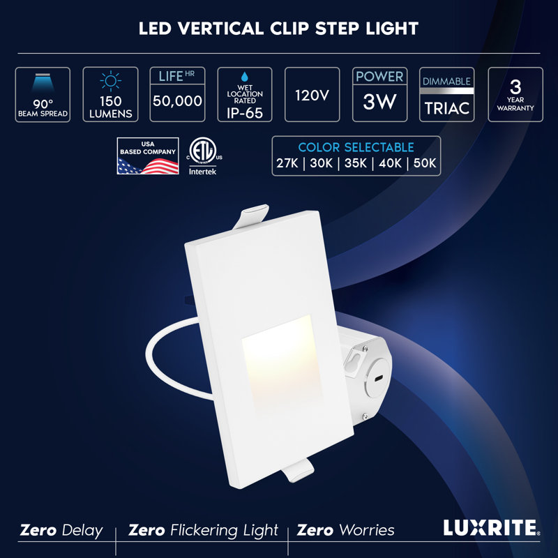 Marchepieds à DEL Luxrite à pince verticale, 5CCT, 3W, 150 lumens, étalement de faisceau à 90 °, à intensité variable, 120V, imperméable IP65, étanche et ETL, paquet de 3 blanc