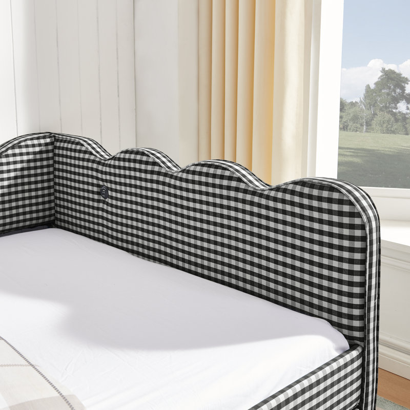 Helin Preppy Style Linen Upholstered Daybed with Trundle, USB Port & Wave-Shaped Back, Full, Black