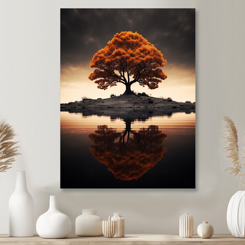 Arbre de sagesse d'automne au milieu du lac - Art mural chêne, Métal métal, H 32 po x l 24 po x P 1 po