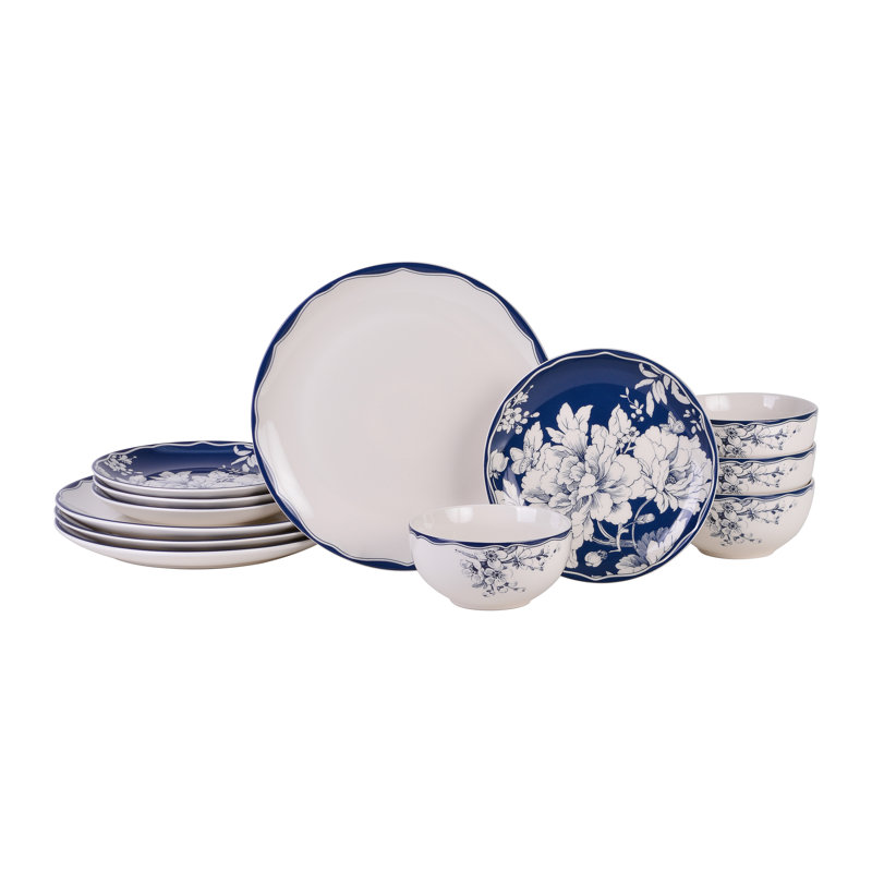 Blue and White Floral Porcelain Dinnerware Set, Service for 4