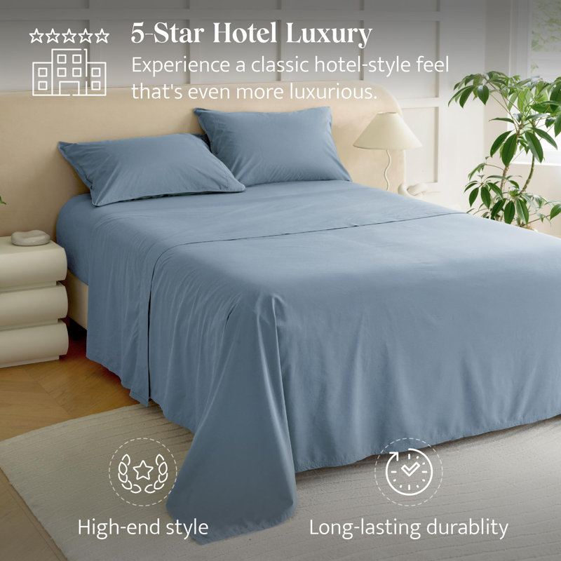 Drap de coton Tencel double couture uni 4 pièces , Bleu Windward, Ensemble de draps pour grand lit