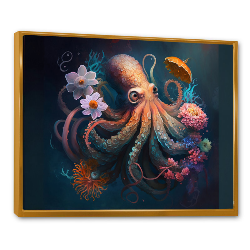 «Octopus in the Ocean with Flowers II», reproduction sur toile, H 30 po x l 40 po x P 1,5 po, Toile avec cadre flottant or