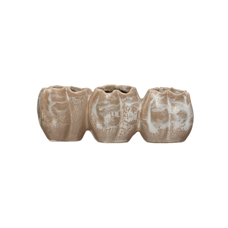 Cayvion Stoneware Pod Shaped Vase with 3 Sections and Organically Shaped Edge and Distressed Finish, White