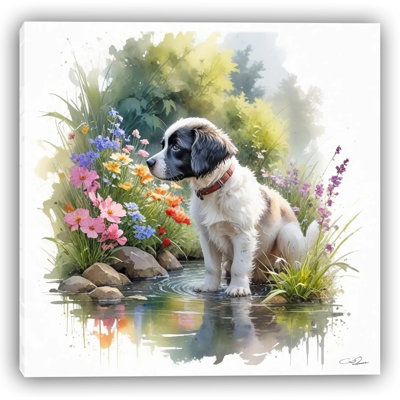 Garden Pause: Puppy Among Flowers Wrapped Canvas