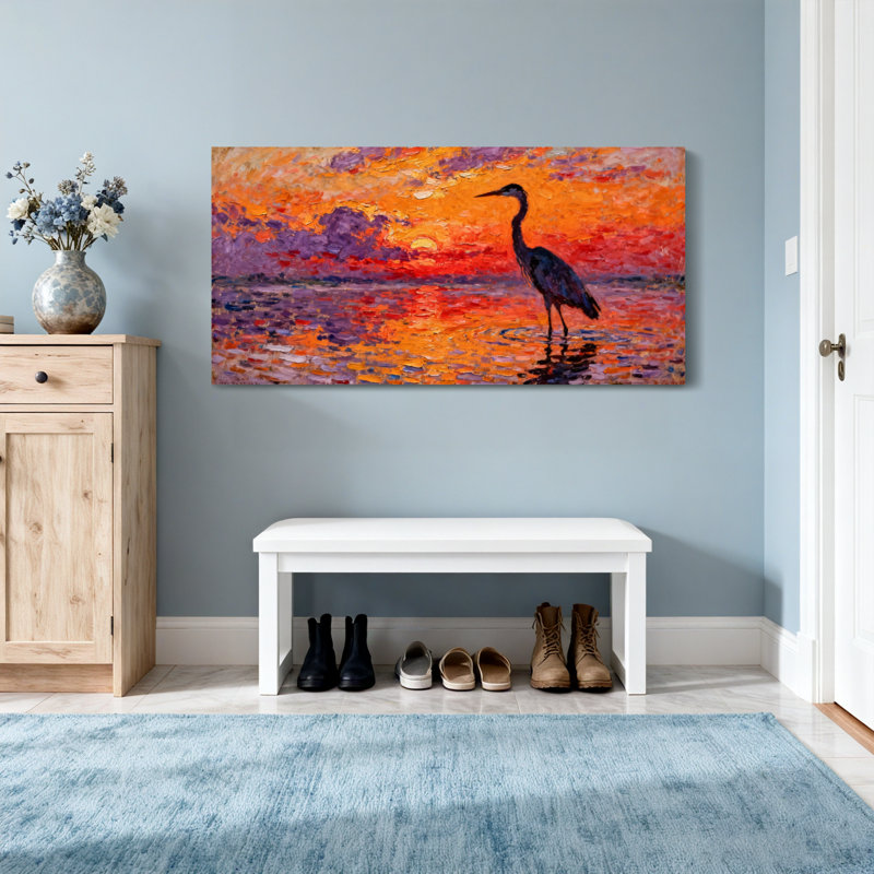 Animals Sunset Heron Water Reflection Art Canvas Print, 28" H x 58" W