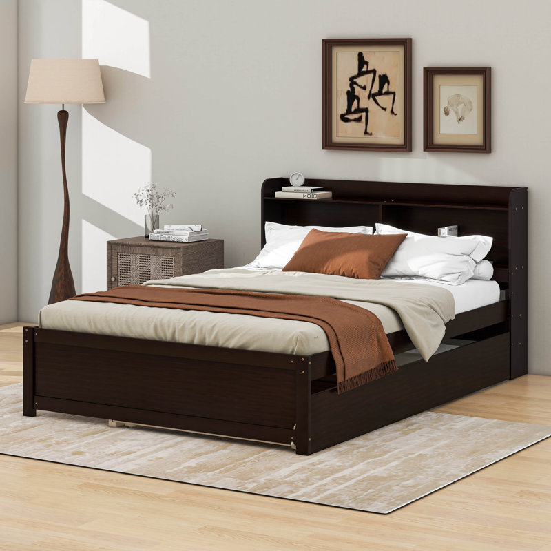 Full Bed Frame With Storage Headboard, Trundle Bed, Espresso