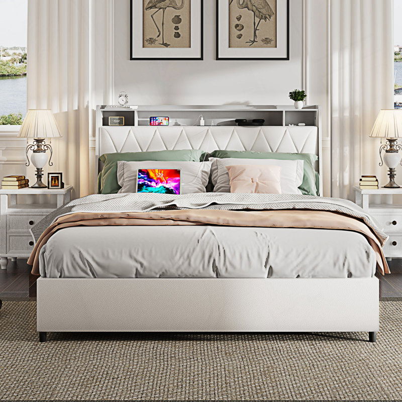 Cadre de grand lit avec tête de lit ergonomique, cadre de lit plateforme grand avec tablette de rangement
