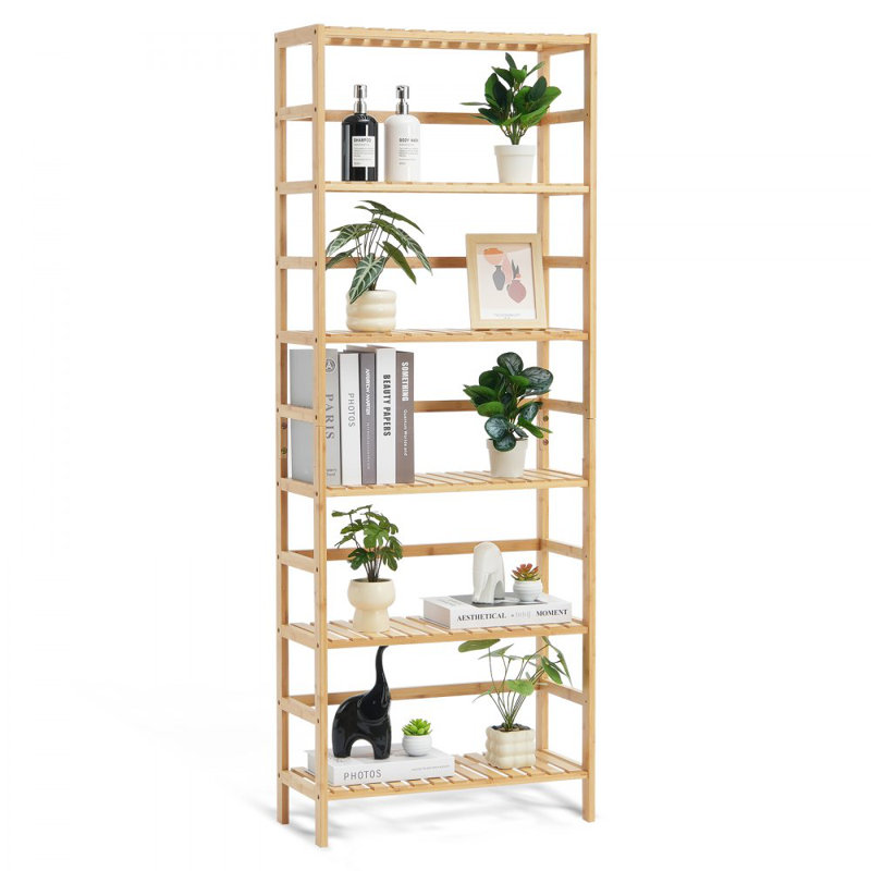 6-Tier Bamboo Shelf, Rattan Shelf, Open Wood Bookshelf, Display Storage Rack Organizer, Freestanding Flower Plant Stand, Multifunctional Bamboo Bookshelf Ideal for Bathroom, Bedroom, Office, Study, Natural