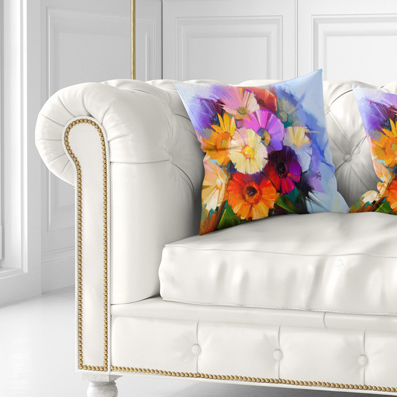 Bouquet de fleurs de gerbera colorées - coussin imprimé floral, 16 po x 1 po, Coussin décoratif