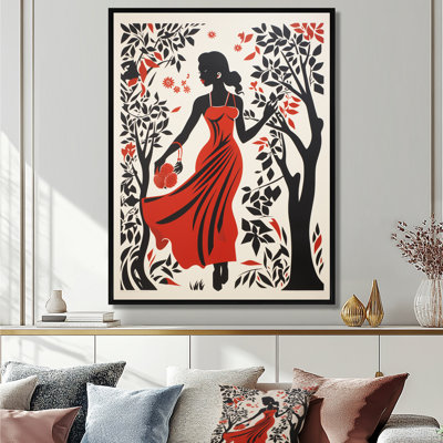 Dame avec la robe rouge dans les bois - mode femme, décoration murale