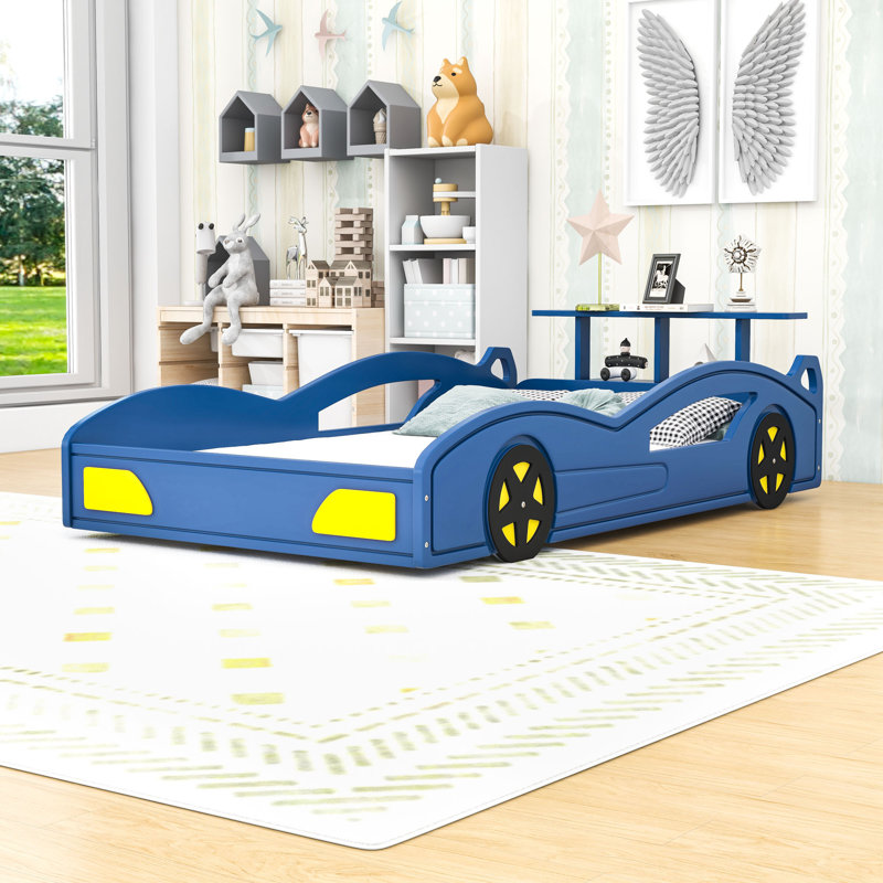 Twin Wooden Platform Bed With Car-Shaped, Blue/Yellow