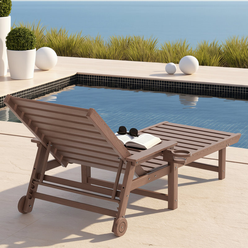 Chaise longue d'extérieur en PEHD, dossier réglable à 5 positions, avec roulettes et porte-gobelet, idéale pour terrasse de piscine ou jardin, couleur marron.