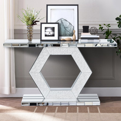 Table de miroir contemporaine à deux niveaux en cristal étincelant de 55 po pour appartements modernes