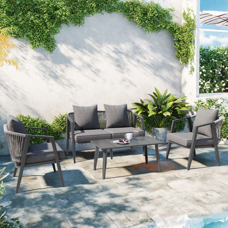 Durable Outdoor Seating Set Included 2 Single Chairs, 1 Double Chairs, 1 Table, Iron Frames And Pe Rattan, Gray, Dark Gray