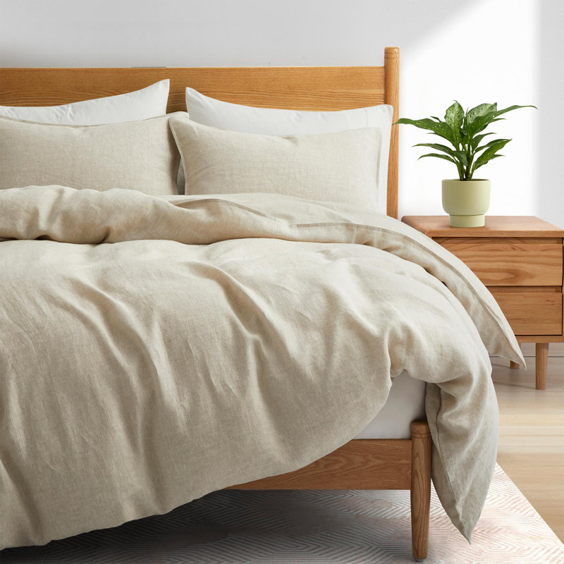 Boseman 100% Linen Duvet Reversible Duvet Cover Set, Queen Duvet Cover + 2 Standard Pillowcases, Beige