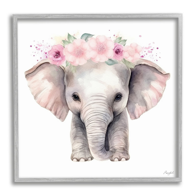 " Pink Floral Elephant " by Roozbeh, Farmhouse Grey Framed Giclee, 24" H x 24" W x 1.5" D