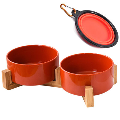 Ensemble de bols en céramique pour chien avec support en bois - Vaisselle double antidérapante pour petits animaux de compagnie, capacité 13,5 oz (5,1 po)