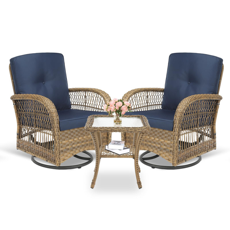 Ensemble de chaises berçantes pivotantes 3 pièces Vreeland, Brun clair, Bleu marine