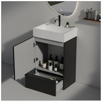 Meuble-lavabo moderne rayé de 20 po avec lavabo en céramique, armoire de salle de bain autoportante pour salle de bain moderne, KD