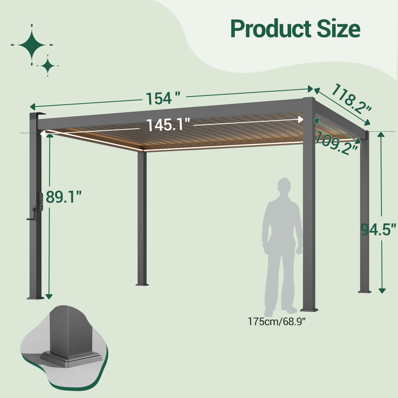 Aluminum Frame Solar LED Patio Pergola with Adjustable Louvered Roof, 10 X 13', Dark Gray