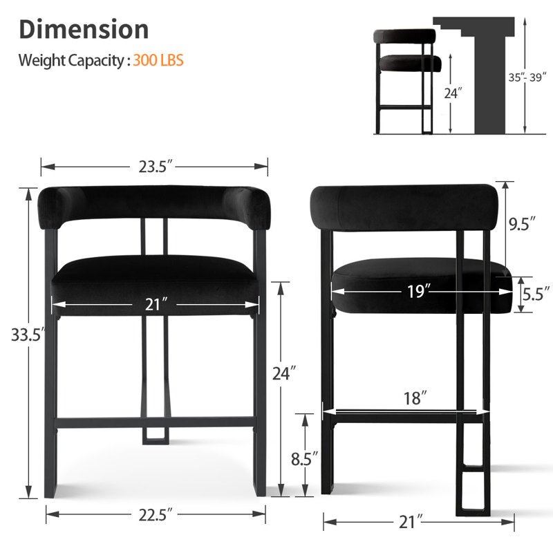 24" Upholstered Velvet Counter Stool, Black