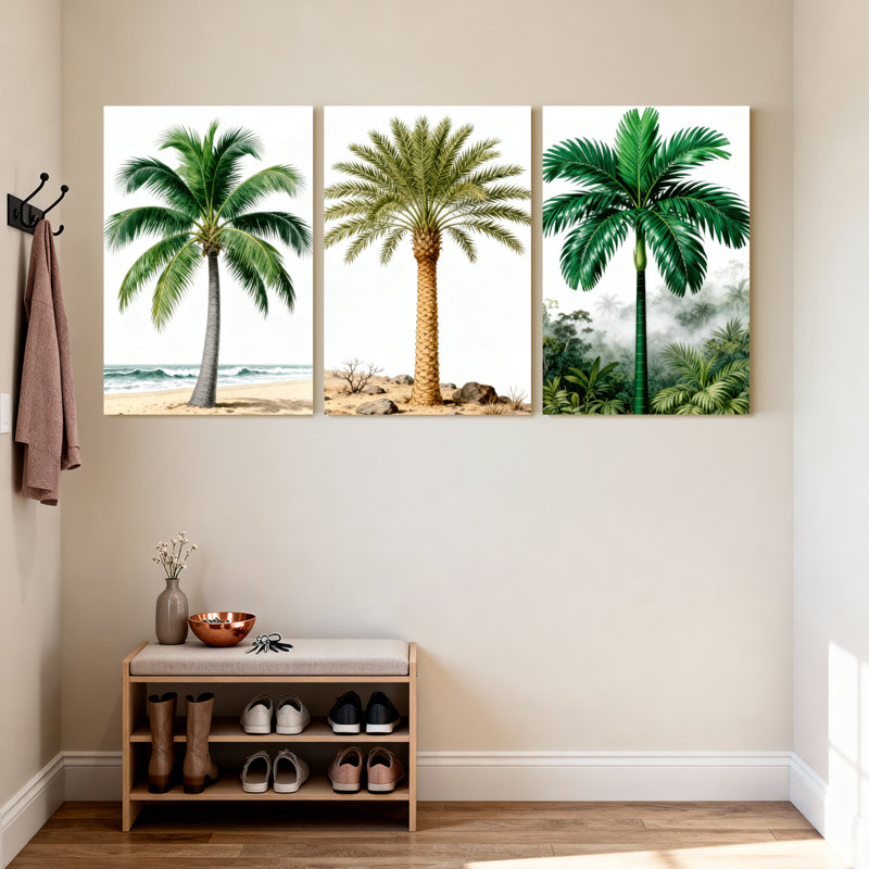Palmiers, palmiers, scène de plage, réflexions, paysage naturel, ensemble de 3 impressions sur toile, H 24 po x l 48 po