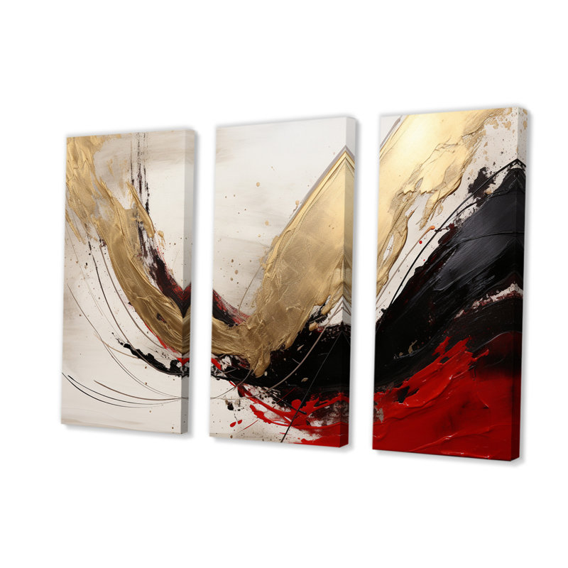 Toile abstraite, décoration écarlate, vague dorée écarlate et or abstrait IV, H 28 po x l 36 po x P 1 po