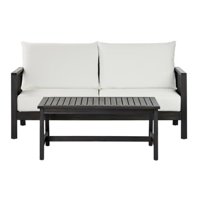 Ensemble de canapé 2 pièces avec coussins d'extérieur et table basse - Structure en bois d'acacia avec textilène noir, coussins blancs hydrofuges (finition gris foncé) pour patio / cour arrière / terrasse