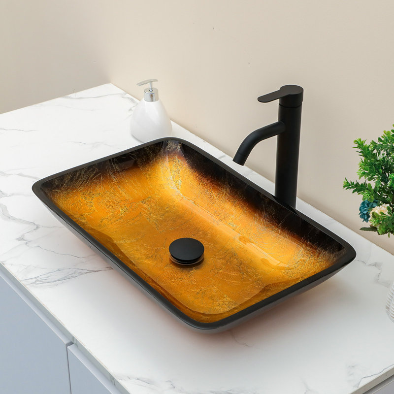 Lavabo vasque rectangulaire en verre 22 po x l 14,2 po avec bonde escamotable, Jaune