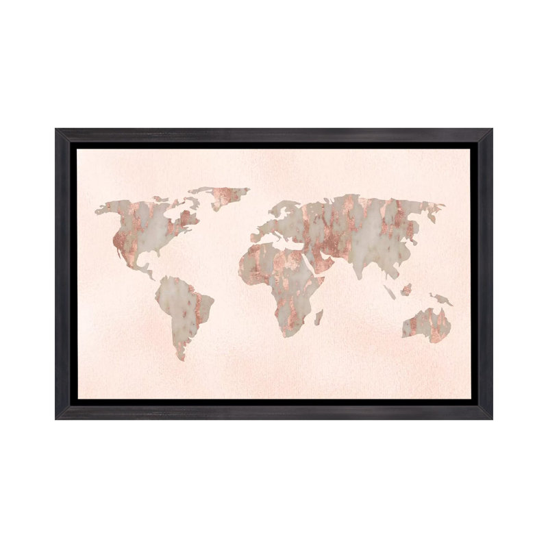 «World Map Rose Gold», reproduction sur toile flottante, H 26 po x l 40 po x 1,5 po, Toile avec cadre noir patiné