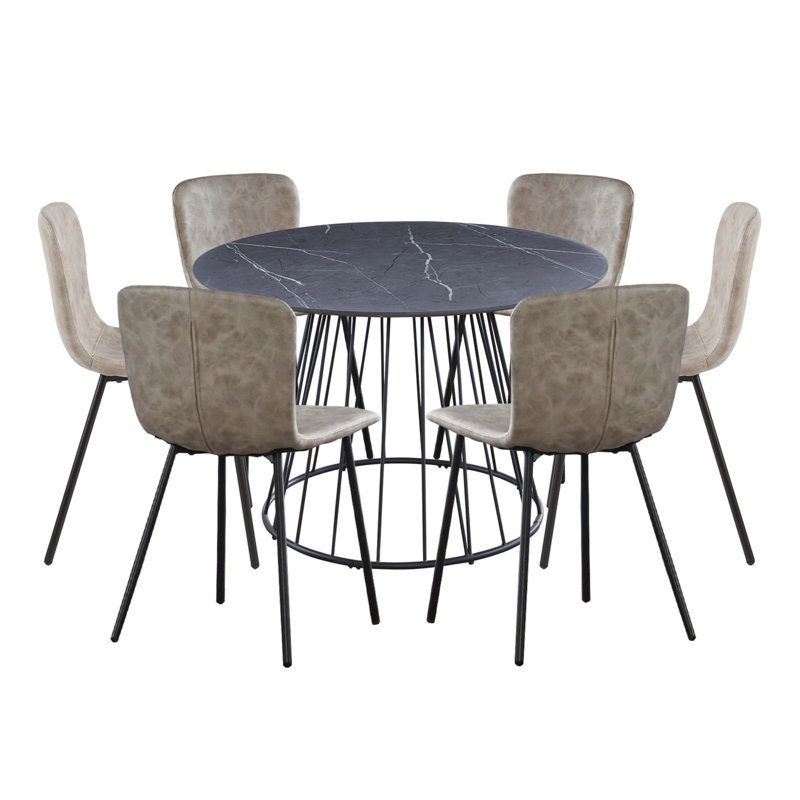 Mose Large Round Table (1.2M) With 6 Light Grey Leather Effect Chairs