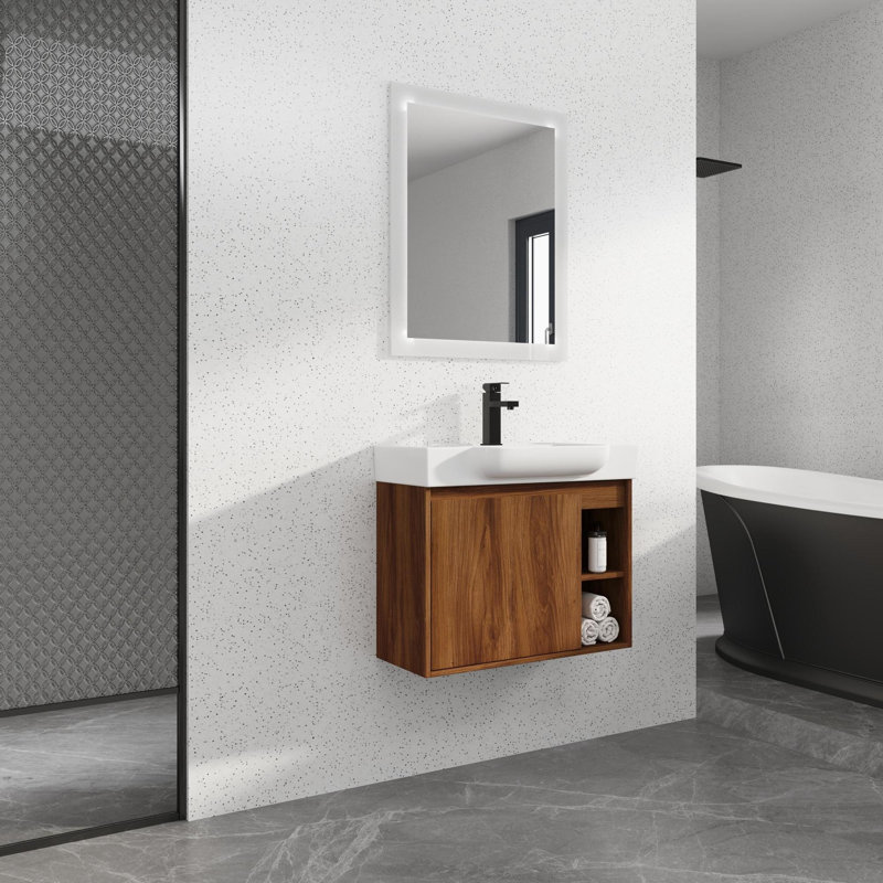 Meuble-lavabo mural multifonctionnel avec porte à fermeture en douceur et tablettes ouvertes, Brun ébène, 28