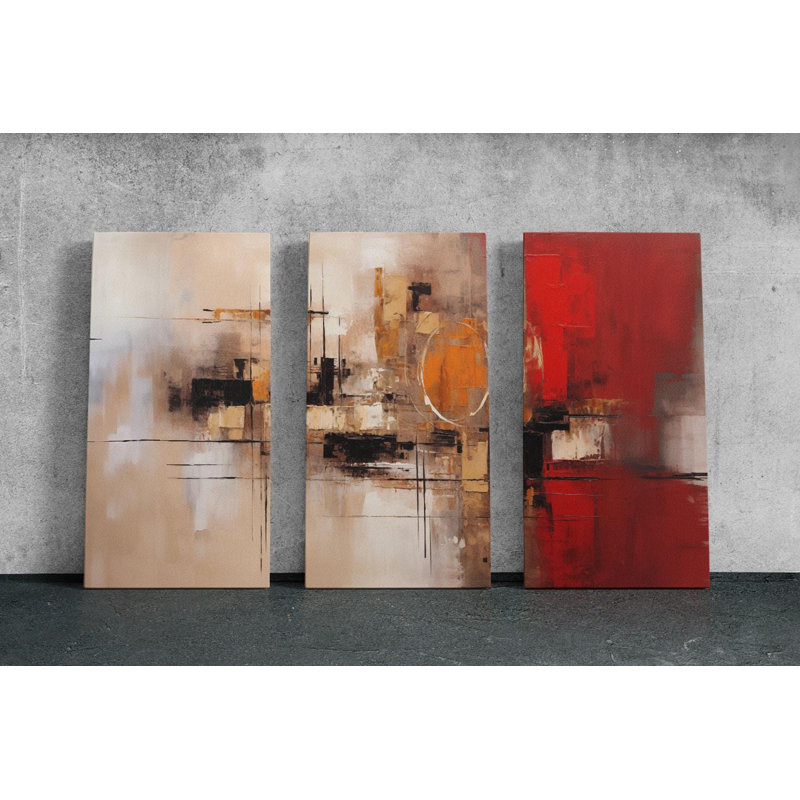 Reproduction de peinture géométrique rouge et beige - triptyque abstrait - décoration murale moderne, couleurs chaudes et audacieuses, qualité musée, grande taille