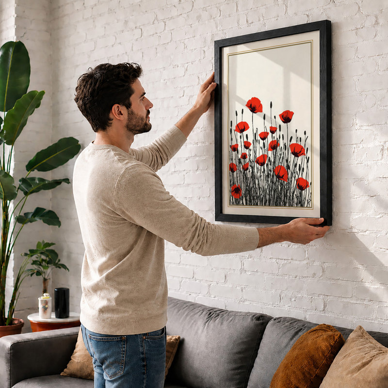 Red Poppies Botanical - Framed Print, A2 - 59.4 x 42.0 cm, Black