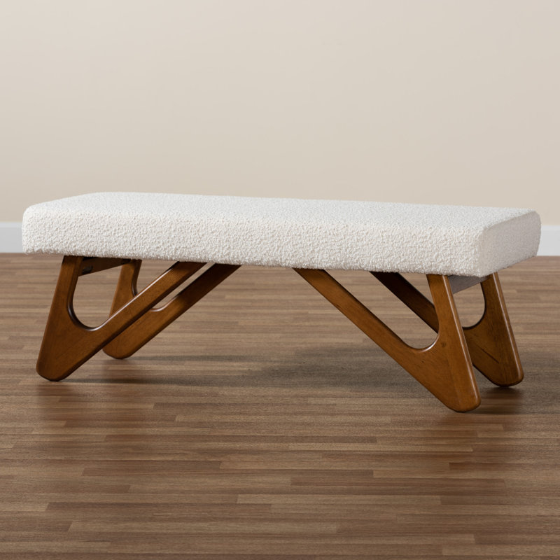 Cream Boucle Fabric and Walnut Wood Bench with Button-Tufted Seat