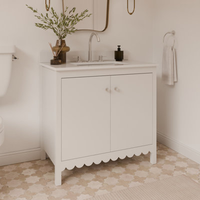 Scalloped 36 Inch Single Bowl Vanity - White - With Top - Brushed Nickel Knobs