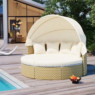 TOPMAX Patio Furniture Round Outdoor Sectional Sofa Set Rattan Daybed Twotone Weave Sunbed With Retractable Canopy, Separate Seating And Removable Cushion, Beige