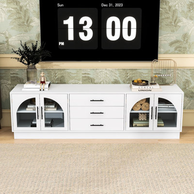 Elegant TV Stand with Arched Glass Doors, Adjustable Shelves and Spacious Storage
