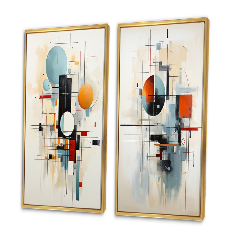 «Beige Blue Suprematism Geometric Explorations», 2 pièces, H 24 po x l 20 po, Encadrement doré